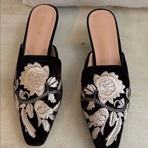 NWOT Embroidered Suede Mules